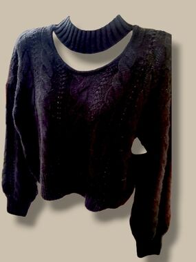 Pink Rose Black Cable-Knit Cutout Turtleneck Sweater